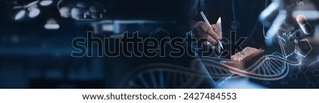 Medical Technology. Doctor using digital tablet with DNA genetics medical research, science and experiment,  Healthcare and medicine concept, innovation health technology, global health care
