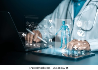 Medical technology: Doctors using advanced AI technology. Virtual medical tools and technology advancements. Artificial intelligence. AI deep learning. Medical research. Future technological precision