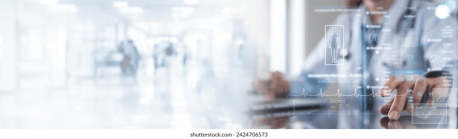 Medical technology, EMRs Electronic medical record system concept. Doctor using digital tablet, laptop computer with electronic health data and  internet network connection, virtual hospital - Powered by Shutterstock