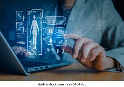 Medical technology and futuristic concept.Digital healthcare and network on modern virtual screen.Health Check with digital system support for patient with medical icon at hospital.Global health care. - Shutterstock ID 2296404985