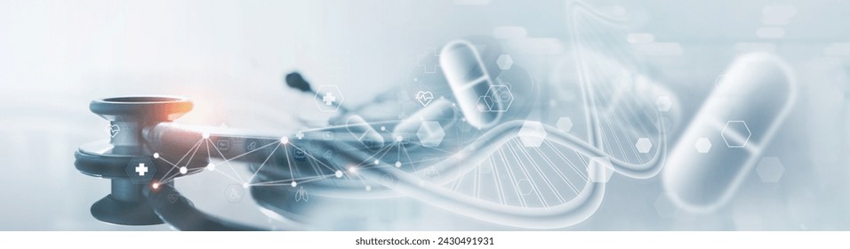 Medical technology, Genetics science, pharmaceutical research, Stethoscope with DNA and medicine, health technology icons. Digital healthcare network connection. Medical and pharmaceutical background - Powered by Shutterstock