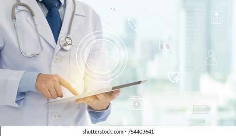 Medical Technology Global Network. Doctor Using Digital Tablet With Medicine Connect Technology Icon.