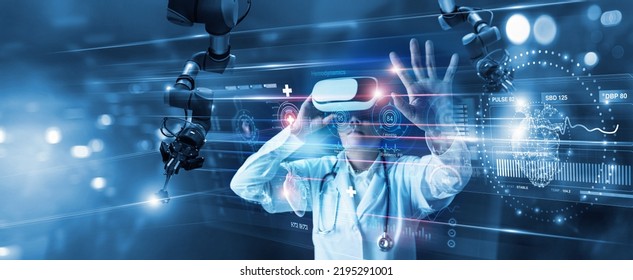  Medical technology. Health care, Medicine doctor using virtual reality headset with robots to research and testing result of patients on virtual interface, VR, innovation and science to future. - Powered by Shutterstock