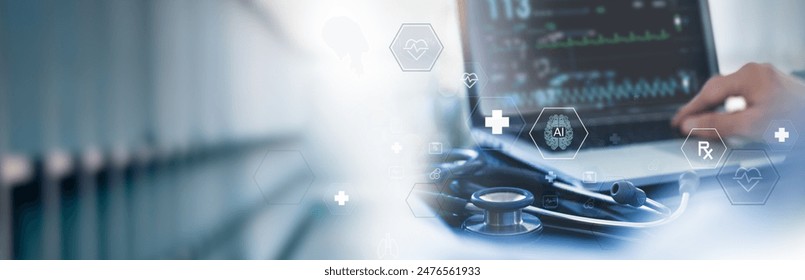 Medical technology healthcare and medicine concept. Doctor, cardiologist using laptop computer analyzing EKG report with AI data analysis for medical diagnosis, innovative health technology background - Powered by Shutterstock