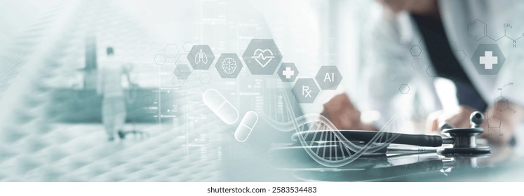 Medical technology healthcare and medicine concept. Doctor, cardiologist using laptop computer analyzing patient health report with AI data analysis for medical diagnosis, health technology background