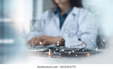 Medical technology healthcare and medicine concept. Doctor, cardiologist using laptop computer analyzing patient health report with AI data analysis for medical diagnosis, health technology background