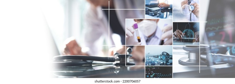 Medical Technology, Healthcare Teamwork, Medical Research Concept. Doctor Working With Professional Health Team,  Laboratory Research And Development. Global Health Business