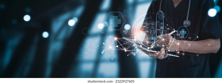 Medical technology, innovation and digital healthcare, doctor using digital tablet analyzing electronic health data connecting with internet network, virtual hospital, futuristic medical technology - Powered by Shutterstock