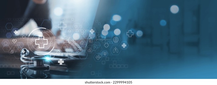 Medical technology, Medicine doctor using laptop with health icons on virtual interface. Digital healthcare and medicine, internet network connection, Global health network - Powered by Shutterstock