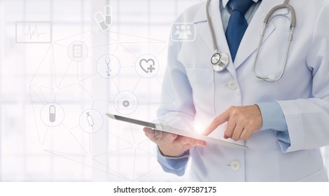 Medical Technology Or Medical Network. Doctor Using Digital Tablet With Screen Interface.