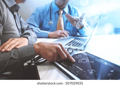 Medical Technology Network Team Meeting Concept. Doctor Hand Working Smart Phone Modern Digital Tablet Laptop Computer Graphics Chart Interface, Sun Flare Effect Photo