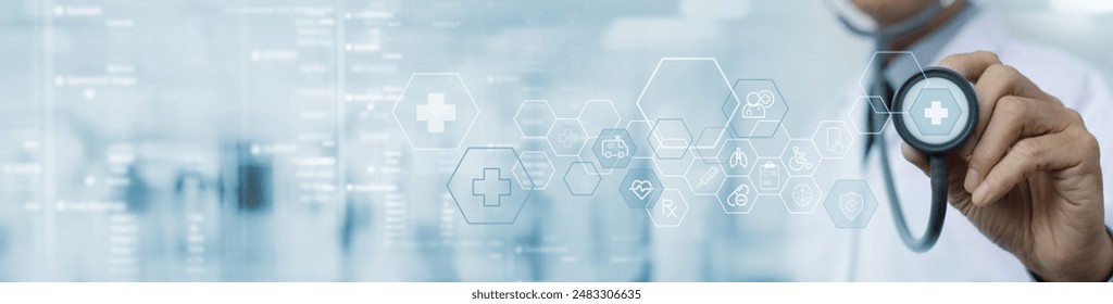 Medical technology, online health network, telemedicine concept. Doctor holding stethoscope with medical technology internet network connection, healthcare and medicine, hospital background - Powered by Shutterstock