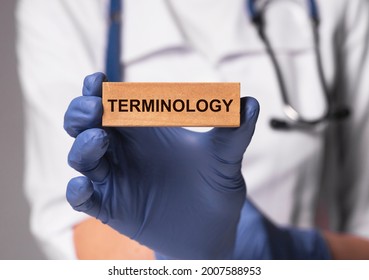 Medical Terminology Word Through Magnifier In Doctor Hands. Medicine Terms Concept.