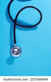 medical tool stethoscope on blue background                         