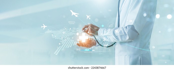 Medical tourism concept, Health tourism and international medical travel insurance. Medical Hub. Healthcare and medicine on global network. - Shutterstock ID 2243874667