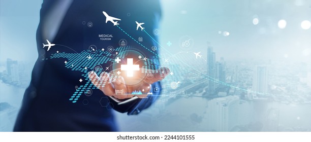 Medical tourism concept, Health tourism and international medical travel insurance. Medical Hub. Healthcare and medicine on global network. - Shutterstock ID 2244101555
