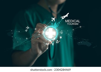 Medical tourism concept, Health tourism and international medical travel insurance. Medical Hub. Healthcare and medicine on global network. health tourism international, life insurance throughout trip
