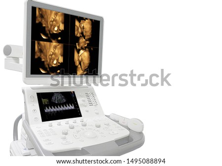 Medical ultrasound machine with linear probes in a hospital diagnostic room,image Ultrasound 3D/4D of baby in mother's womb Modern medical equipment medicine and healthcare concept.