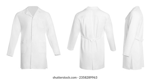 Medical uniform isolated on white, collage with back, side and front views