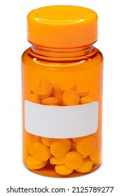 Medical Vial With Pills And Empty Label Without Text. Medical Pills In Orange Plastic Prescription. Most Popular Medicine