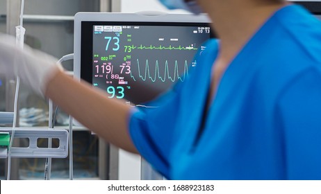 Medical Vital Signs Monitor Instrument, Patient Monitoring Machine In Hospital Operating Room. Nurse Look The Computer Screen Ventilation And Respiratory Monitoring Concept.