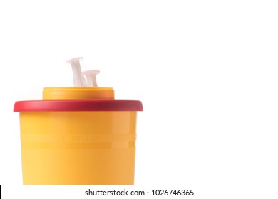 Medical Waste Container With Syringe Isolated On White