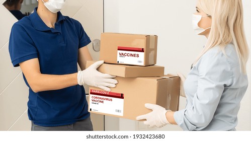 Medical Worker Accepting Delivery Of Covid-19 Vaccines From Deliveryman