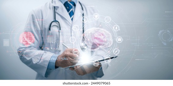 Medical worker  checking brain testing result with computer interface, innovative technology in science and medicine concept