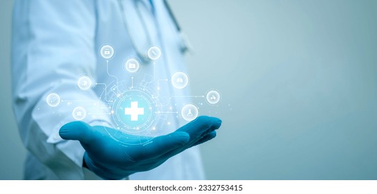 A medical worker hold technology medical cross shape and healthcare, Virus pandemic develop people awareness and spread attention on their healthcare in global. - Shutterstock ID 2332753415