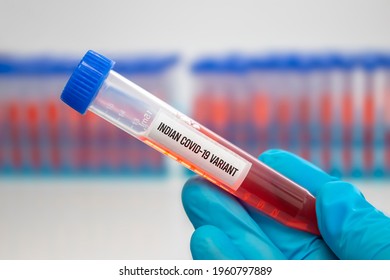 A medical Worker holding a centrifuge tubes with graduated marks with a Covid-19 Indian variant virus sample. Concept: Lineage B.1.617, Double mutation - Powered by Shutterstock