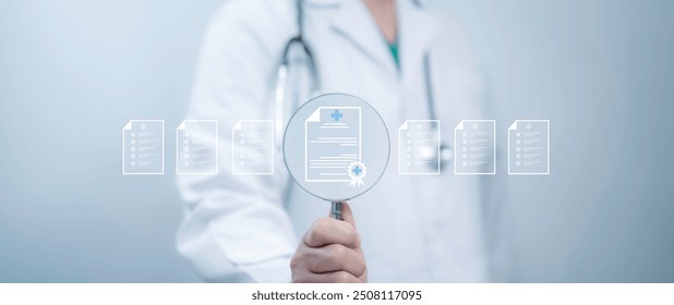 A medical worker holding Magnifying glass with virtual Quality Certificate handling many checklist documents for quality control management standardization and certification compliance to standards. - Powered by Shutterstock