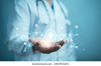 A medical worker holding plus icon for the healthcare medical icon. Health insurance health concept. access to welfare health