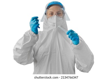 Medical Worker Infectious Disease Specialist In PPE And Face Shield Holding Test Tube COVID-19 Swab Collection Kit, PCR Testing Protocol Process. The Concept Of Biological Hazard. Isolated On White.