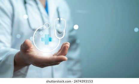 Medical worker with a plus icon represents the healthcare and medical industry, symbolizing health insurance and the health concept, highlighting access to welfare, health services, and copy space. - Powered by Shutterstock