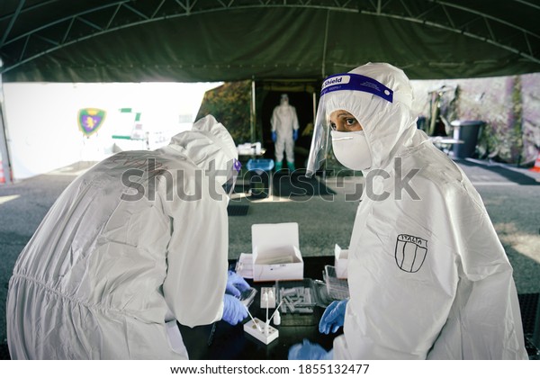 Medical worker in PPE performing\
nasal & throat swab on person in vehicle through car\
window,COVID-19 mobile testing centre. Turin, Italy - November\
2020