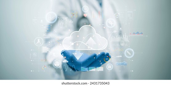 Medical worker touch cloud computing icon network. Cloud technology,Cloud data transfer and online data storage for business network confidential data of medical internet storage network.