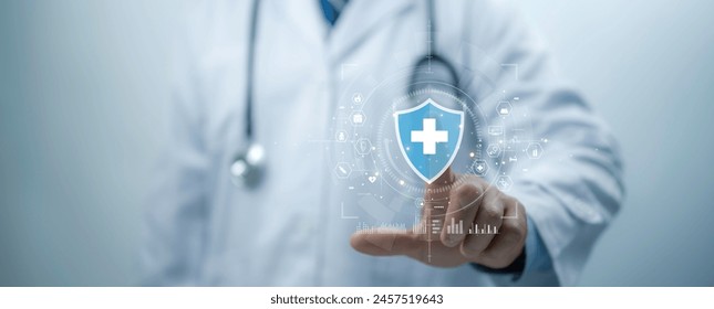 Medical worker touch digital healthcare network connection medical cross shape,displaying analysis,network connectivity modern interface.Concept of medical technology futuristic approach to healthcare