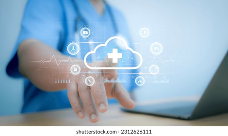 A medical worker touch technology cloud computing medical cross shape and healthcare, Virus pandemic develop people awareness and spread attention on their healthcare in global. - Powered by Shutterstock - Get 15% off with code: PIKWIZARD15