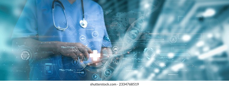 Medical worker touch virtual global healthcare network connection.Virus pandemic develop people awareness and spread attention on their healthcare in global.Medical technology futuristic concept. - Shutterstock ID 2334768519
