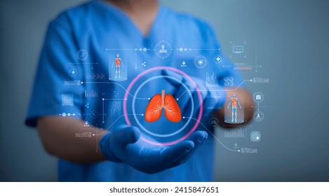 A medical worker touch virtual Holograms Lung organ human.HUD interface hologram. Innovative health care analysis of AI technology digital hi tech.Modern treatment future medicine.
