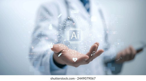 Medical worker touch virtual medical revolution and advance of technology Artificial Intelligence,AI Deep Learning for medical research,Transformation of innovation and technology for future Health