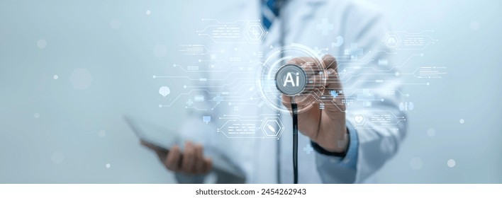 Medical worker touch virtual medical revolution and advance of technology Artificial Intelligence,AI Deep Learning for medical research,Transformation of innovation and technology for future Health - Powered by Shutterstock