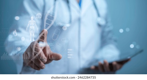 Medical worker touch virtual medical revolution electronic record.DNA. Digital healthcare and network connection on hologram modern virtual screen interface, medical technology futuristic concept.