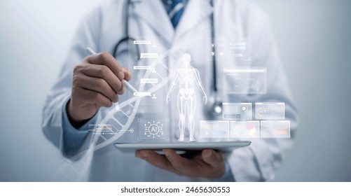 Medical worker touch virtual medical revolution and advance of technology Artificial Intelligence,AI Deep Learning for medical research,Transformation of innovation and technology for future Health - Powered by Shutterstock