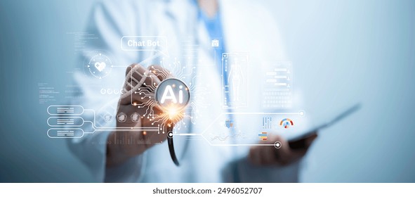 Medical worker touch virtual medical revolution and advance of technology Artificial Intelligence,AI Deep Learning for medical research,Transformation of innovation and technology for future Health.