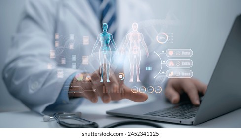 Medical worker touching virtual screen electronic medical record. DNA. Digital healthcare and network connection on hologram modern virtual screen interface, medical technology and network concept - Powered by Shutterstock