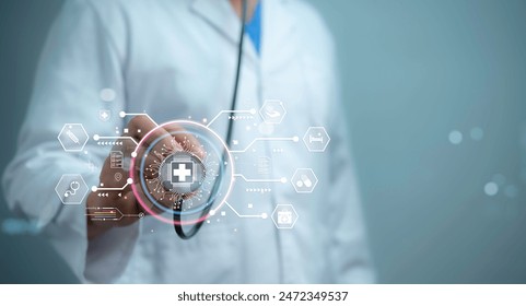 Medical worker using technology smart robot AI,Concept of healthcare and medical AI technology services and advance of technology Artificial Intelligence for future healthcare  - Powered by Shutterstock