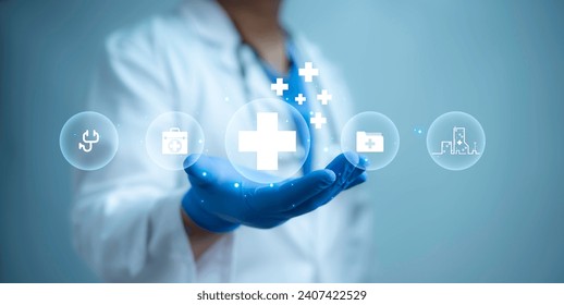 A medical worker using virtual with health care icons, medical technology background, health insurance business.Health Insurance, telemedicine, virtual hospital, family medicine concept.  - Powered by Shutterstock