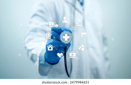 A medical worker using virtual with health care icons, medical technology background, health insurance business.Health Insurance, telemedicine, virtual hospital, family medicine concept. - Powered by Shutterstock