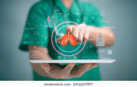 Medical worker utilizes a HUD interface hologram to touch virtual holograms of human lung organ, showcasing innovative healthcare analysis through AI technology.future of modern treatment in medicine.